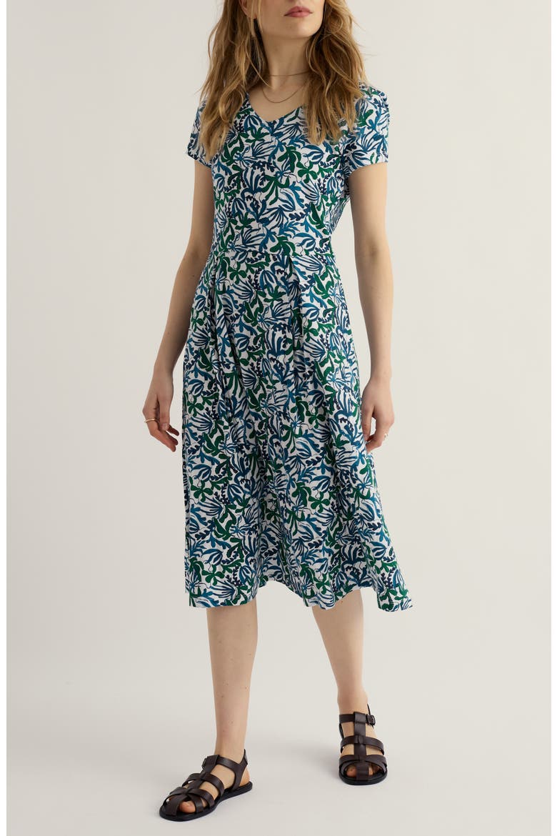 Pier View Frond Print Flare Stretch Organic Cotton Dress, Main, color, INKY FRONDS CHALK