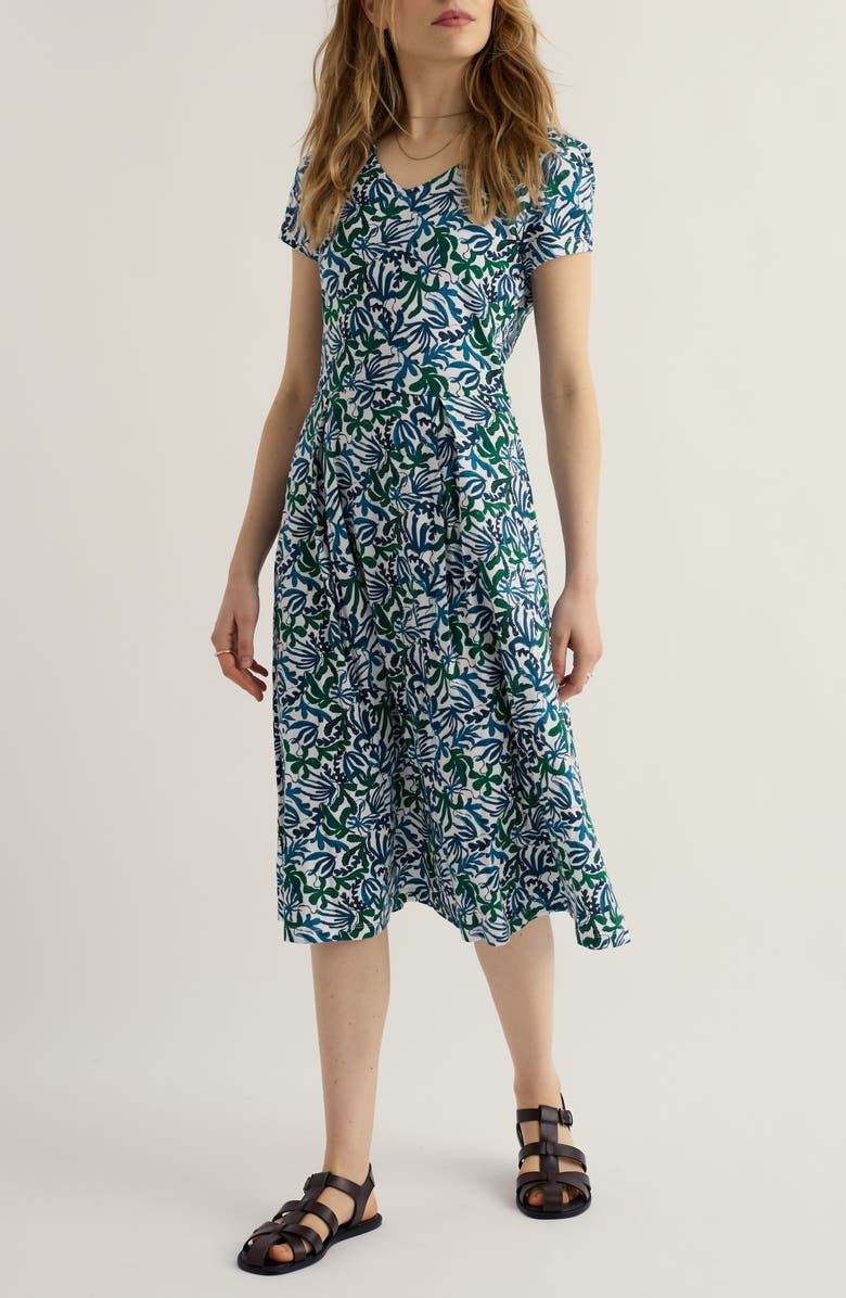 Seasalt Cornwall Pier View Frond Print Flare Stretch Organic Cotton Dress, Main, color, Inky Fronds Chalk