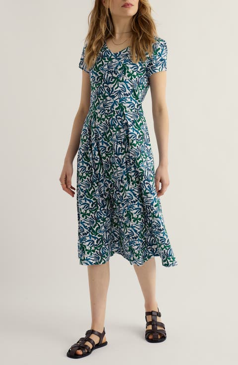 Pier View Frond Print Flare Stretch Organic Cotton Dress (Regular & Petite)