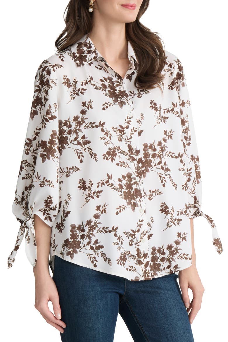 Floral Tie Sleeve Button-Up Shirt, Alternate, color, WHITE SAND MULTI