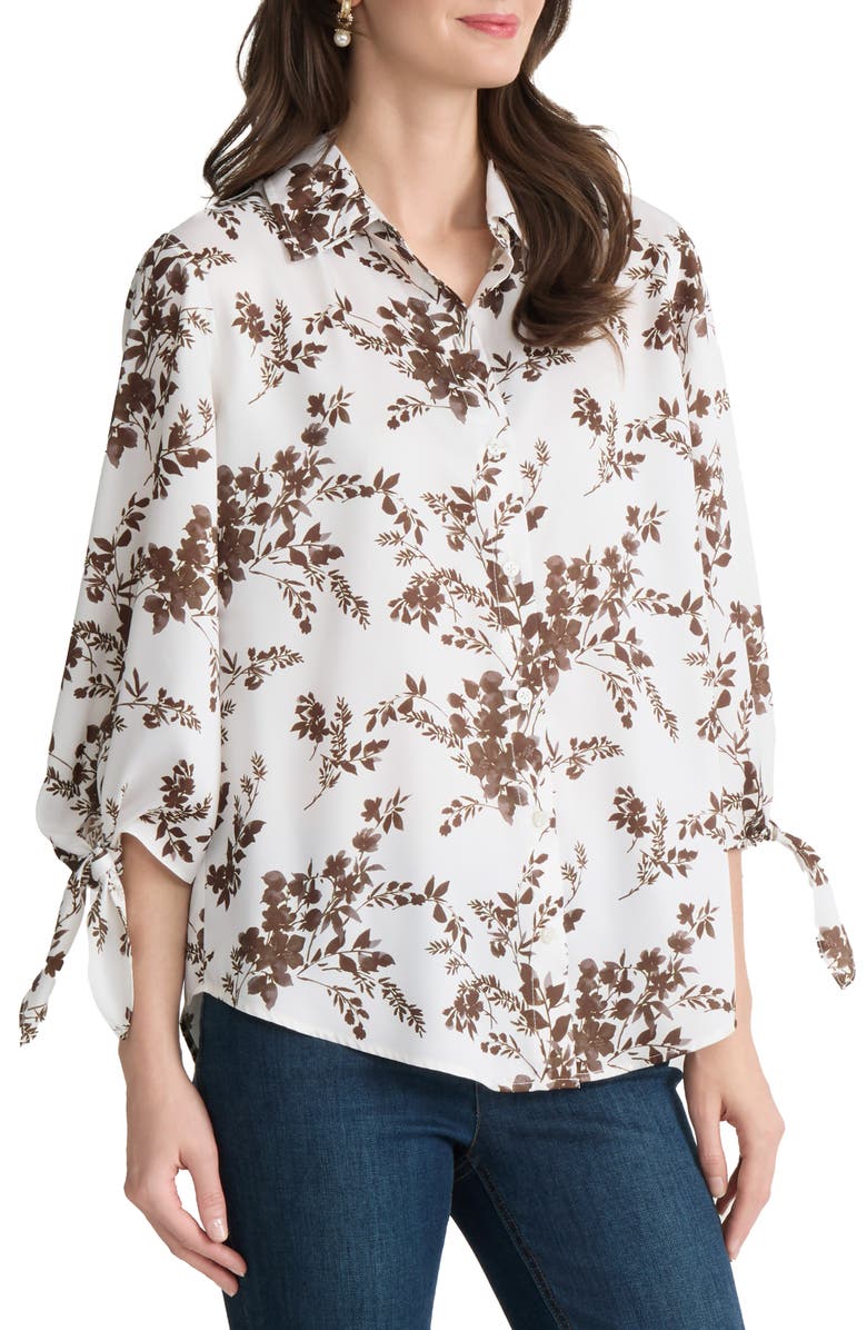 Jones New York Floral Tie Sleeve Button-Up Shirt, Alternate, color, White Sand Multi