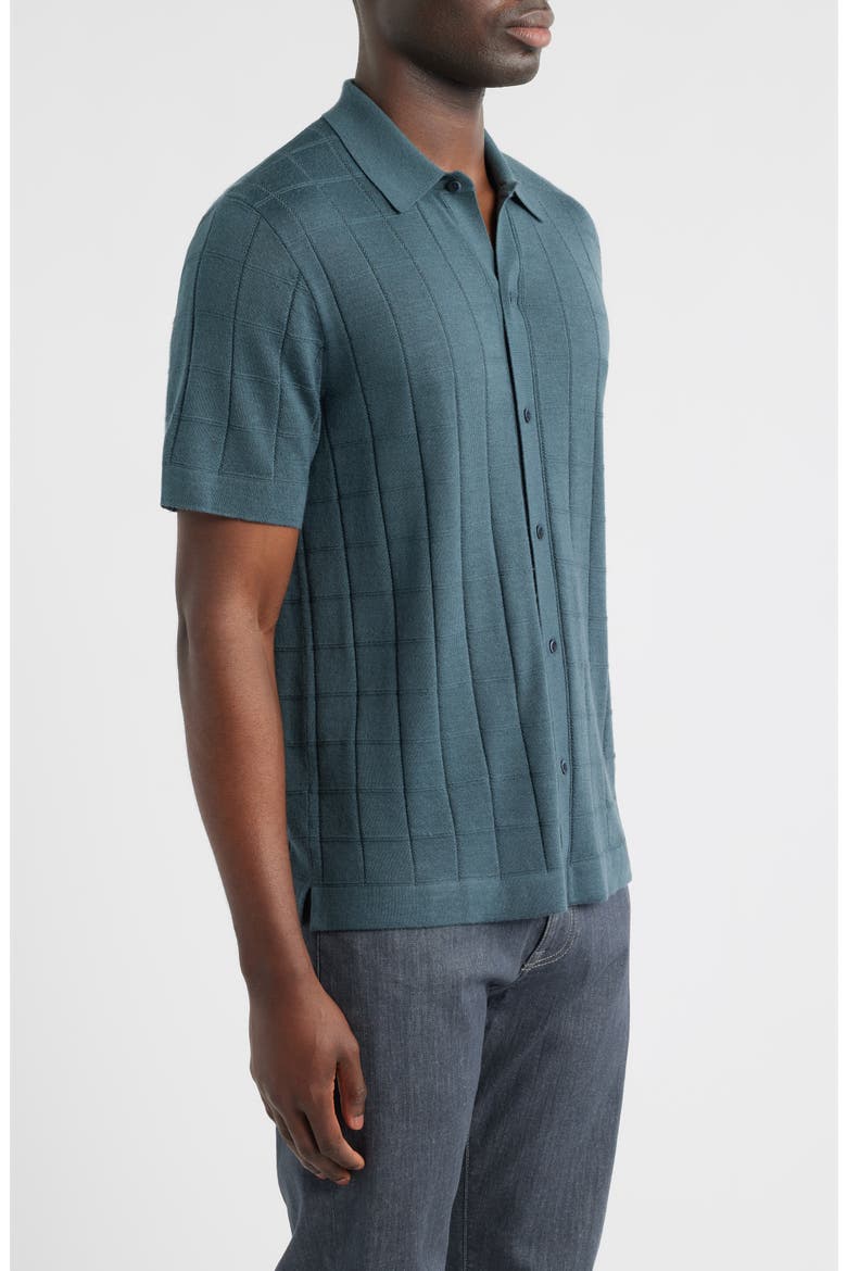 Textured Merino Wool & Silk Short Sleeve Button-Up Sweater, Alternate, color, BLUE SLATE