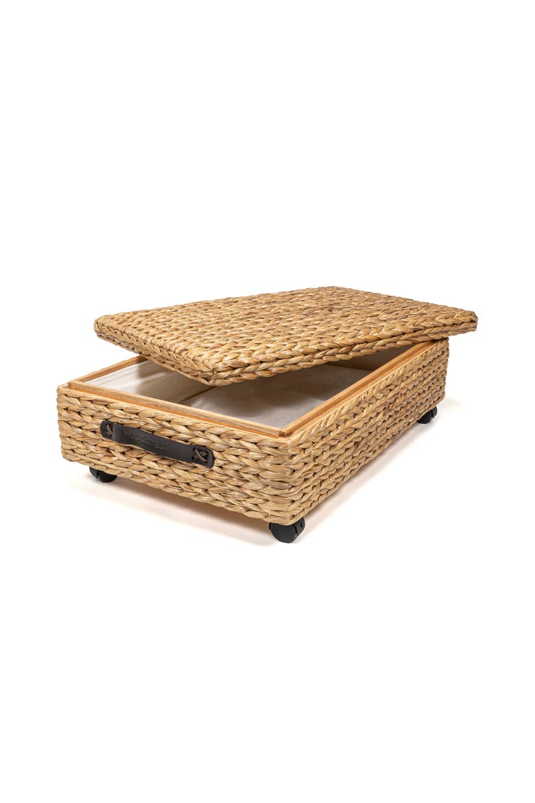 Chett Minimalist Hand-Woven Hyacinth/Wood Underbed Storage Bin with Wheels and Handles, Main, color, Natural