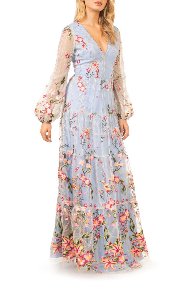 Lyra Floral Embroidery Long Sleeve Tulle Gown, Alternate, color, SKY MULTI