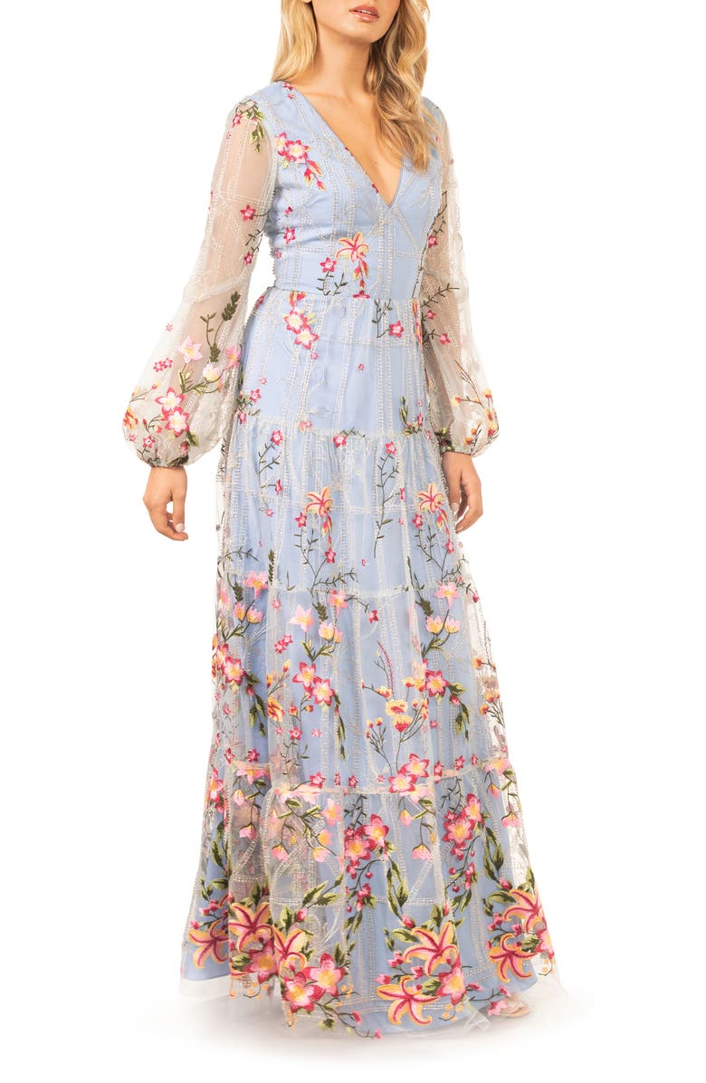 Dress the Population Lyra Floral Embroidery Long Sleeve Tulle Gown, Alternate, color, 