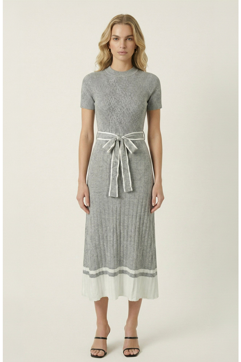 Ribbed Knit Tie Waist Midi Dress, Main, color, Heather Grey