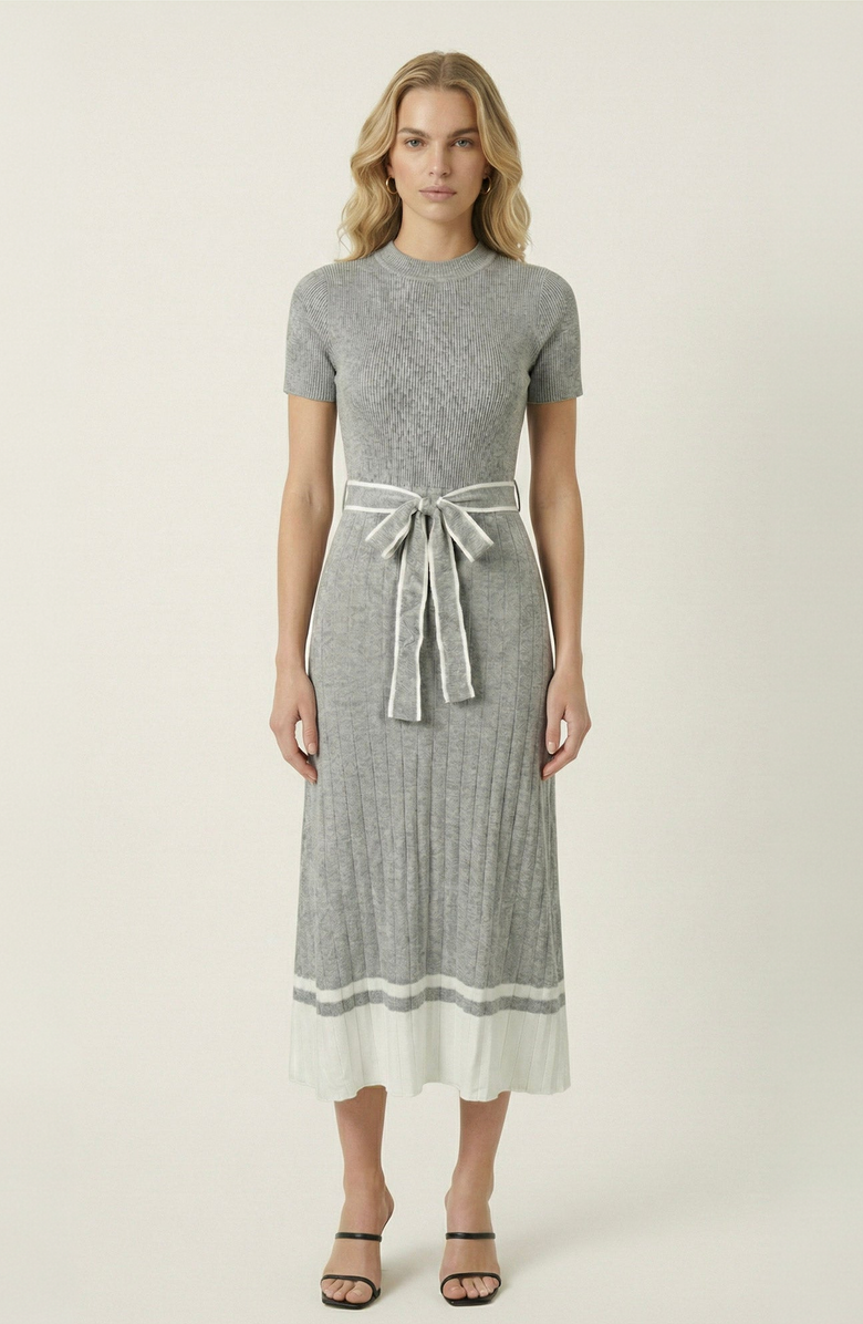 Modenaire Ribbed Knit Tie Waist Midi Dress, Main, color, Heather Grey