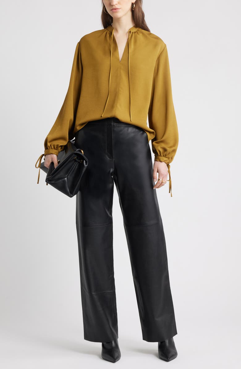 Nordstrom Long Sleeve Tie Neck Shirt, Alternate, color, Olive Estate