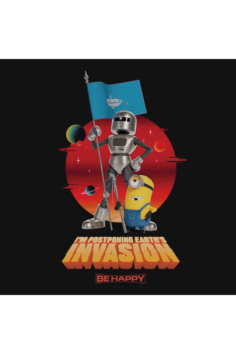 Girl's Minions & Monsters I'm Postponing Earth's Invasion  Graphic T-Shirt, Alternate, color, Black