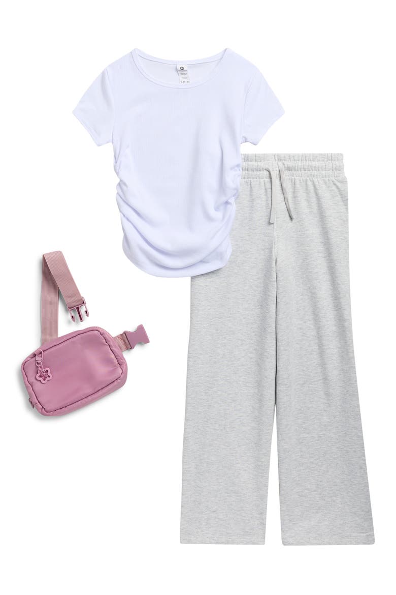 Kids' Heavenly Rib Freya T-Shirt, Pants & Crossbody Bag Set, Main, color, WHITE/ HEATHER LIGHT GREY