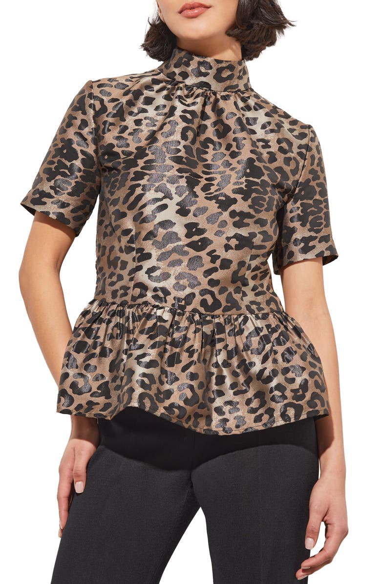 Ming Wang Leopard Print Peplum Top, Main, color, Java/Lmst/Bk