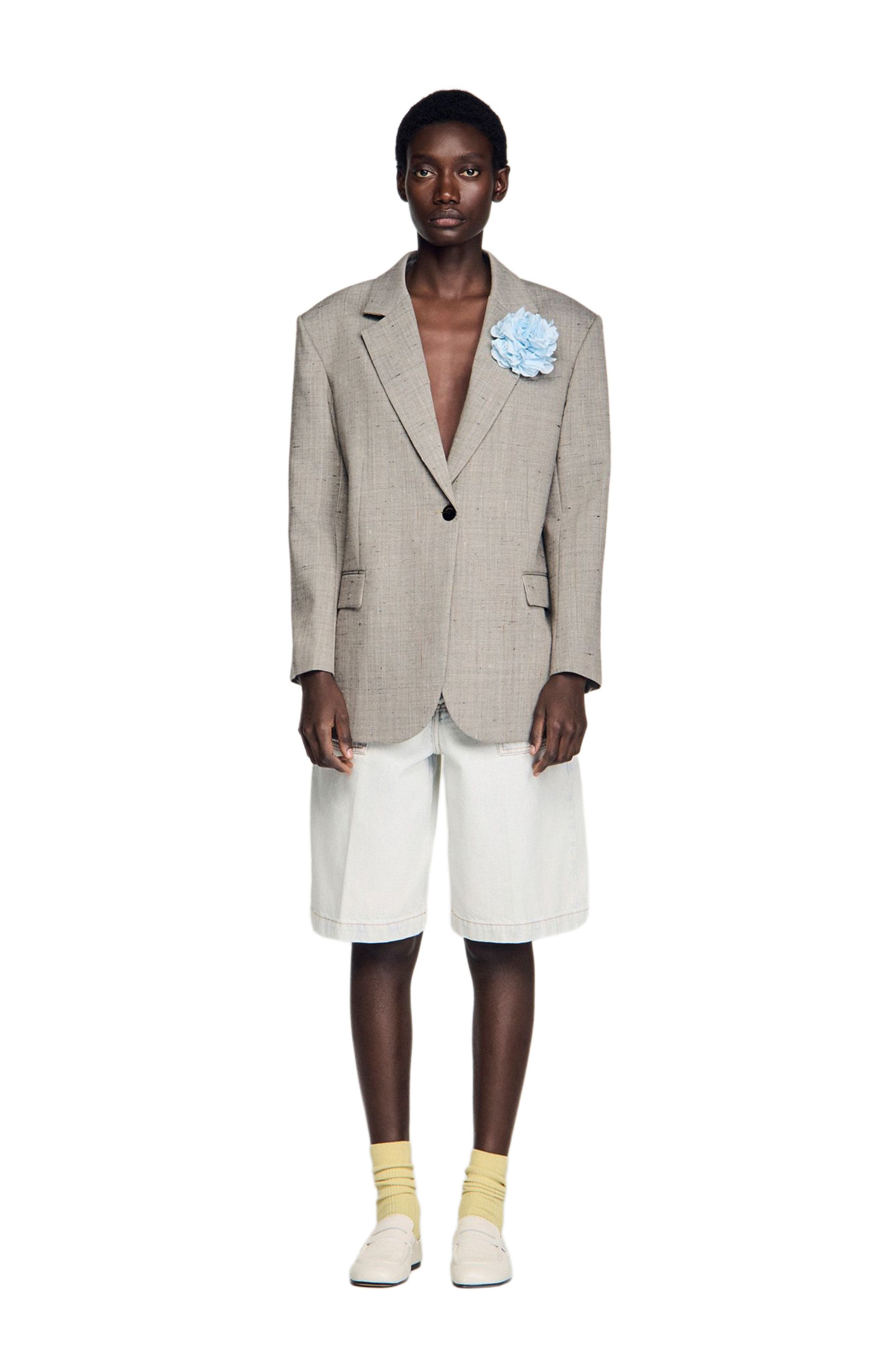 SANDRO Check wool jacket with brooch (Women) | Nordstrom