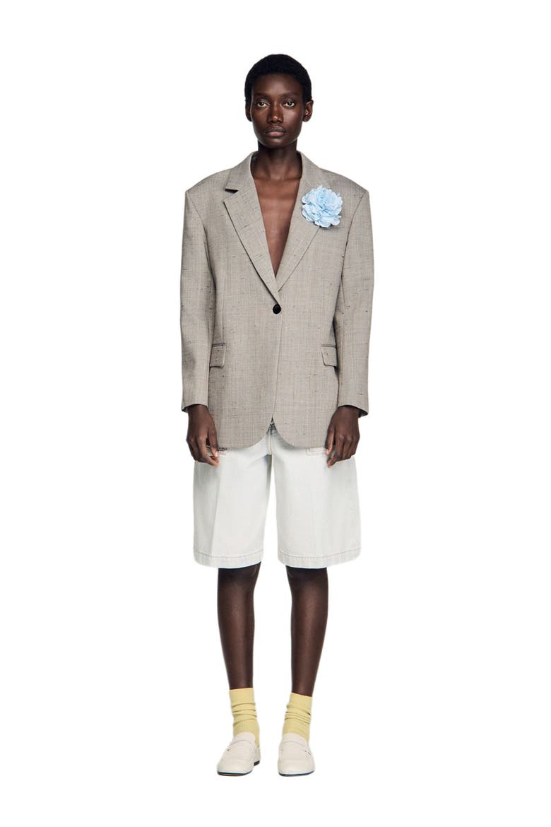 Check wool jacket with brooch, Alternate, color, Greige