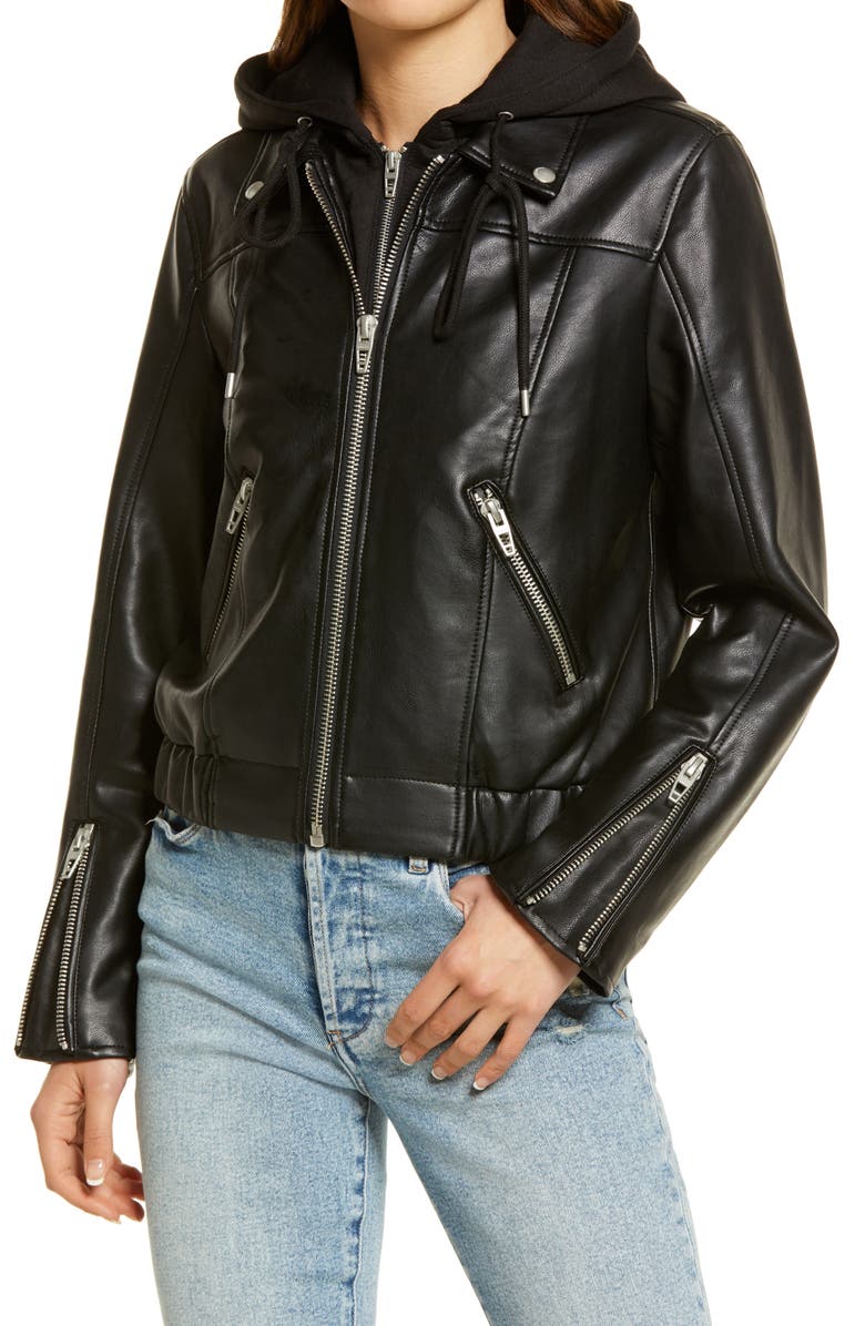 BLANKNYC Faux Leather Bomber Jacket with Removable Hood, Alternate, color,