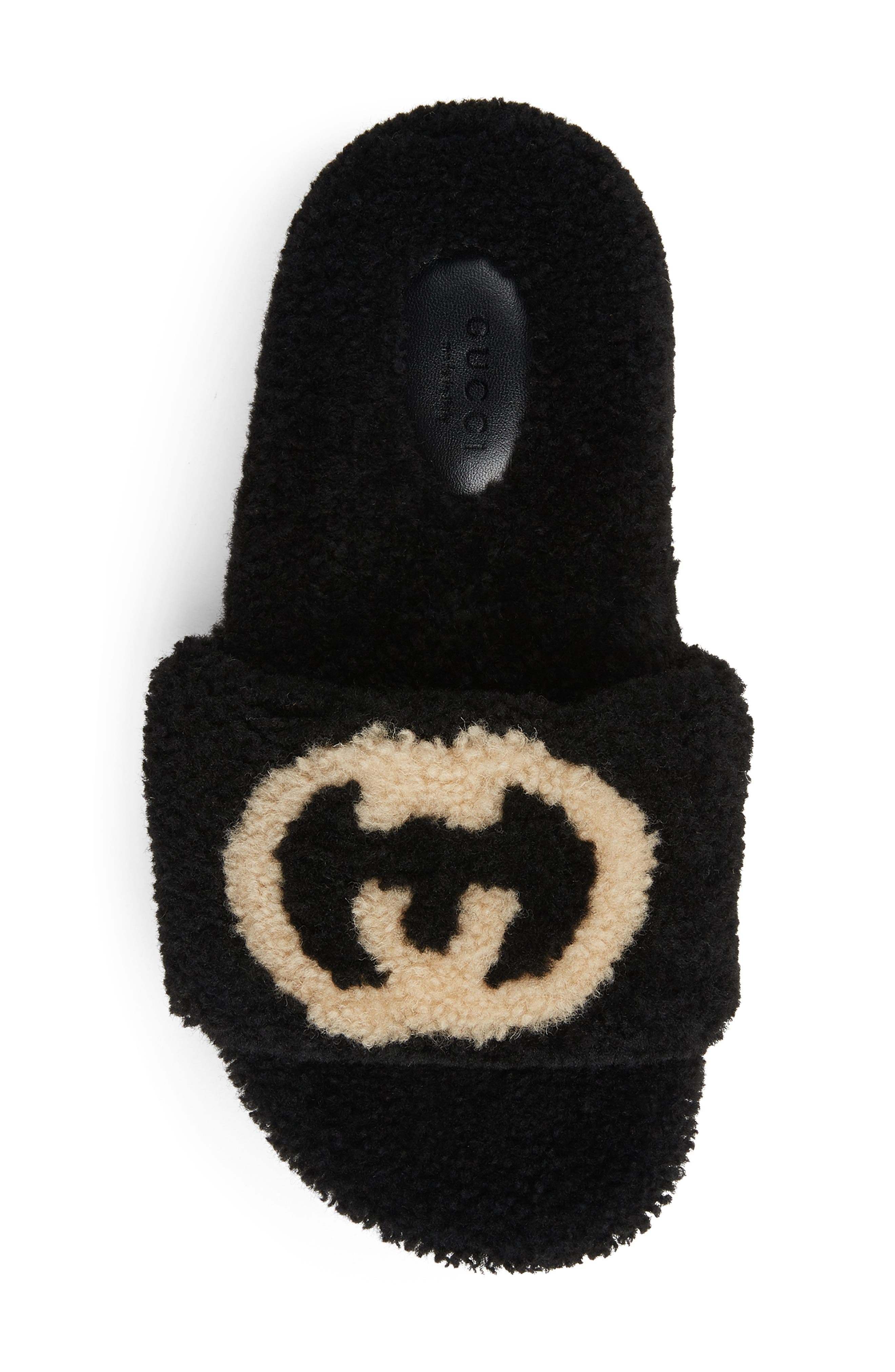 Gucci Eileen Logo Genuine Shearling Slide Sandal, Alternate, color, Black/ Butterscotch