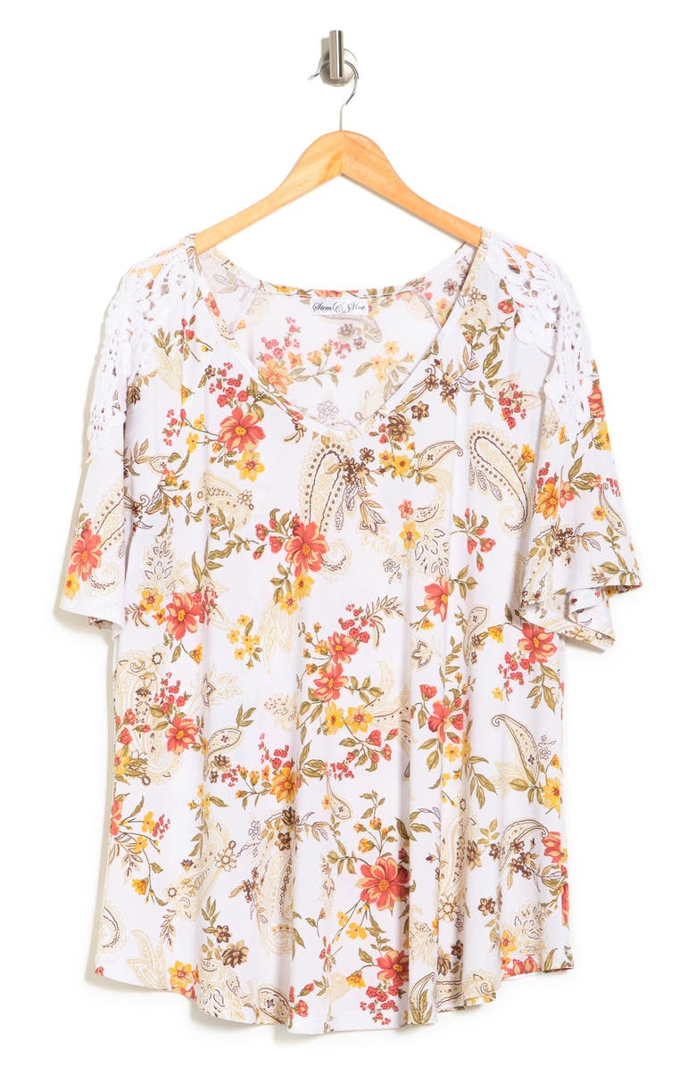 STEM AND VINE Crochet Lace Trim Short Sleeve Top, Alternate, color, 