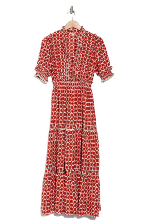 Max Studio Floral Short Sleeve Tiered Maxi Dress In Cream/papaya Poppy Buds