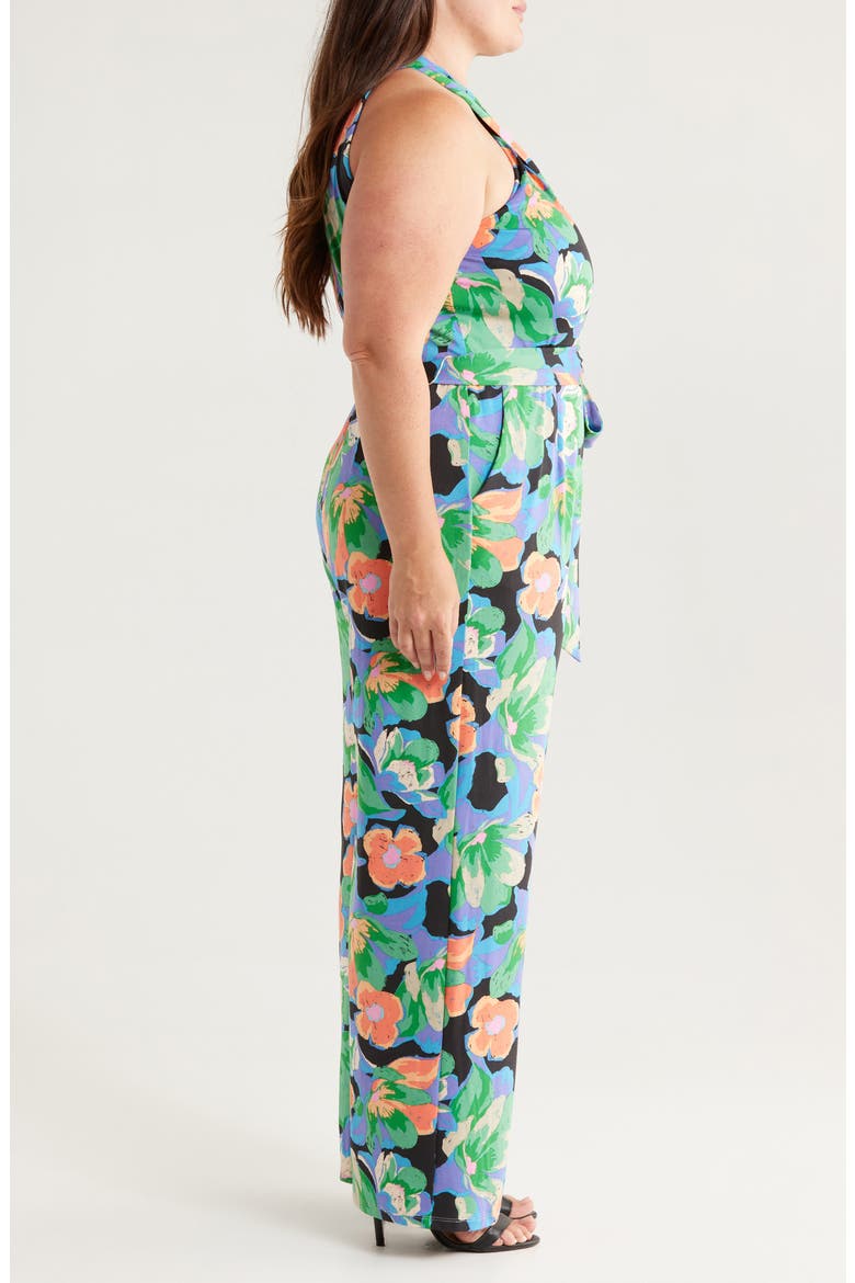 Print Twist Neck Tie Waist Sleeveless Jumpsuit, Alternate, color, BLACK MULTI