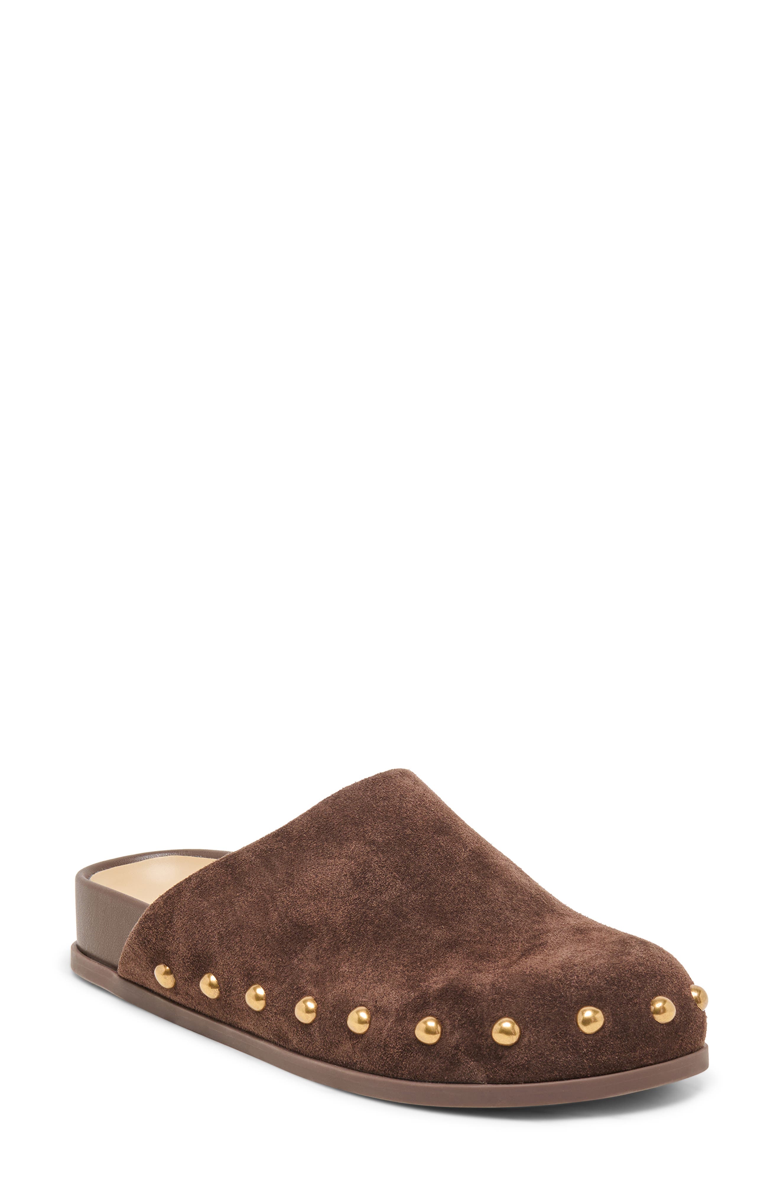 Joney Stud Flat Mule, Main, color, DARK BROWN SUEDE
