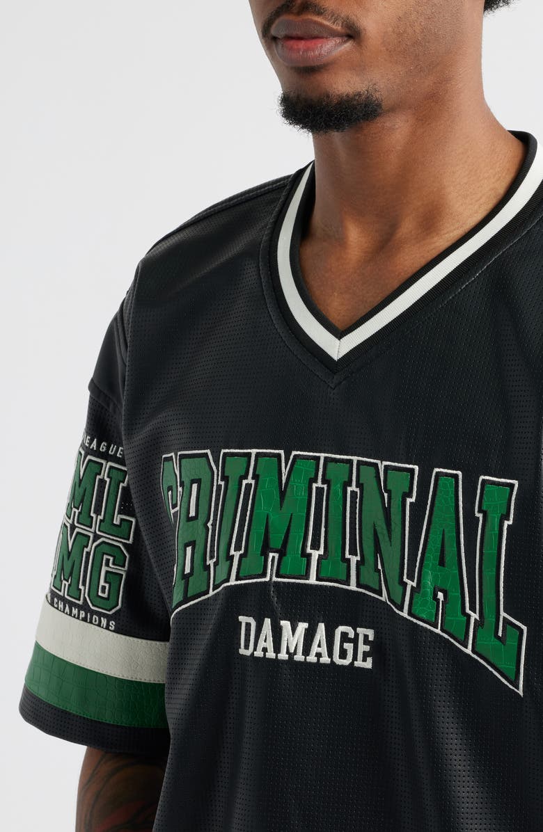 CRIMINAL DAMAGE Stadium Faux Leather Jersey, Alternate, color, Black/Green/White
