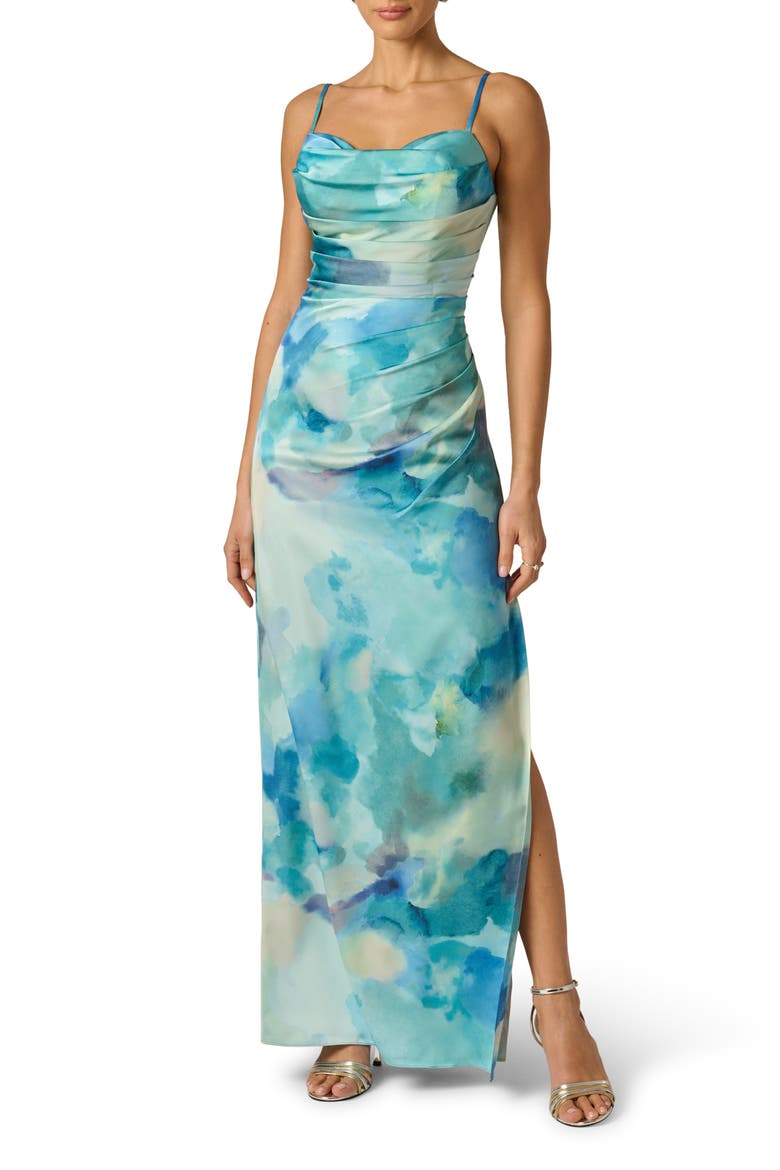 Watercolor Print Satin Maxi Dress, Main, color, BLUE MULTI