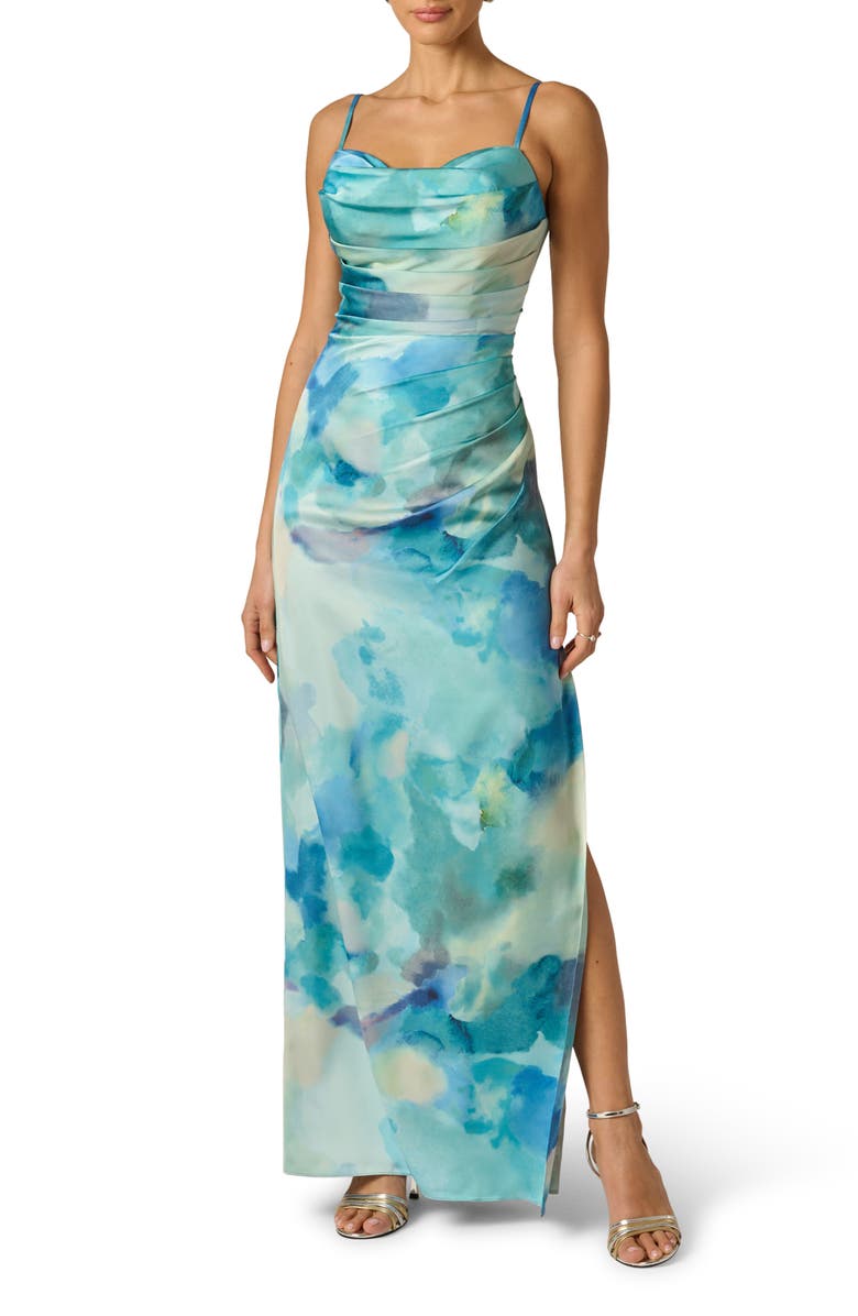 Adrianna Papell Watercolor Print Satin Maxi Dress, Main, color, Blue Multi