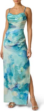 Adrianna Papell Watercolor Print Satin Maxi Dress