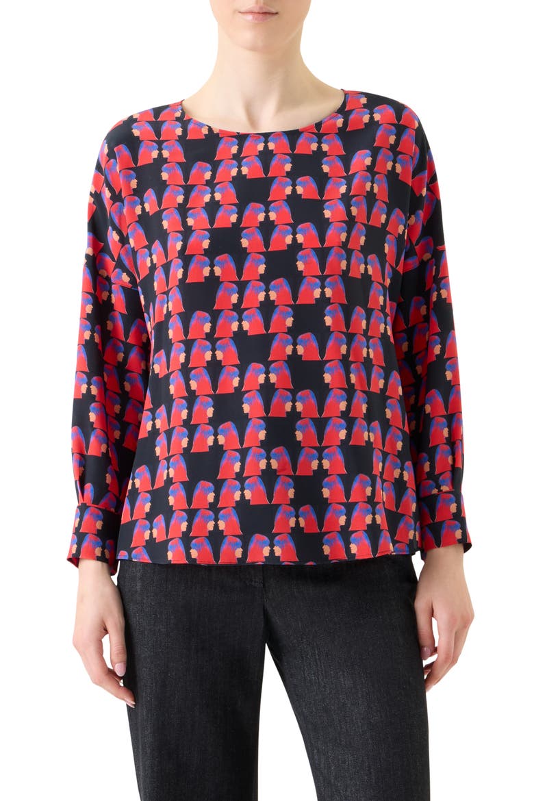 Françoise Hardy Print Silk Crêpe de ChineTop, Main, color, BLACK-MULTICOLOR