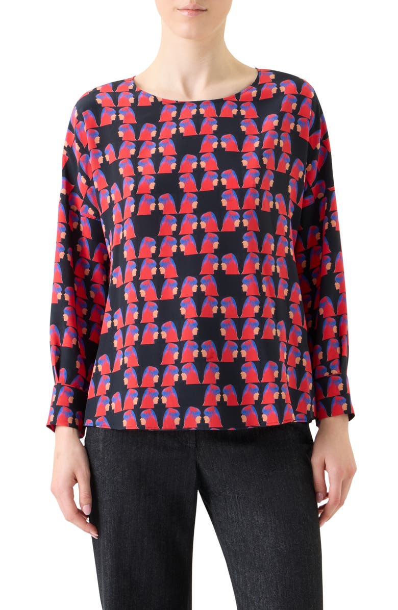 Akris punto Françoise Hardy Print Silk Crêpe de ChineTop, Main, color, Black-Multicolor