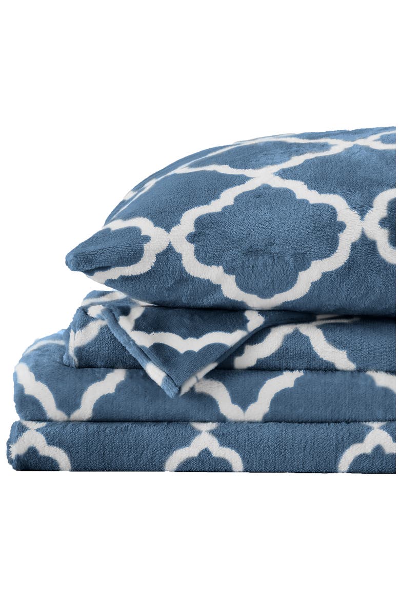 Printed Plush Velour Sheet Set, Alternate, color, LATTICE - SMOKE BLUE / WHITE
