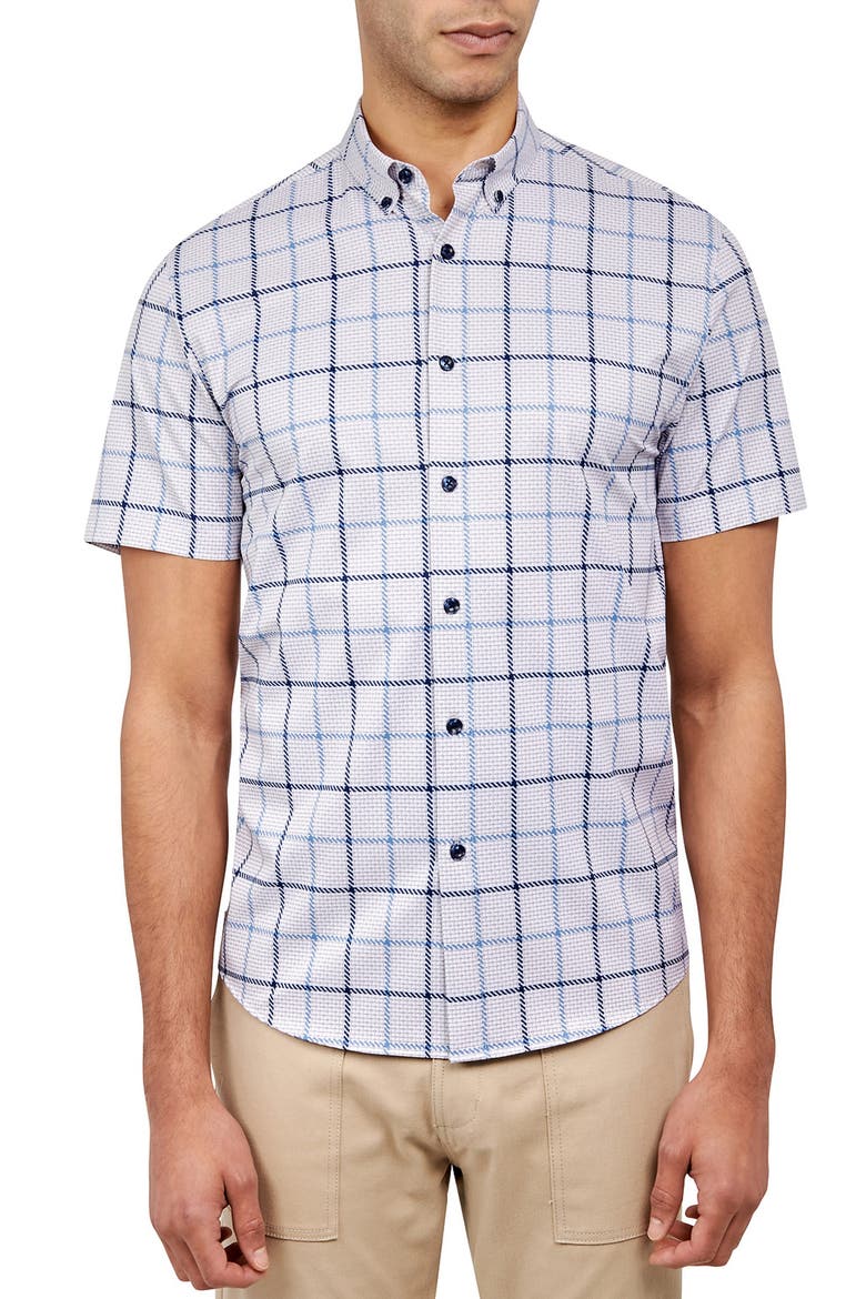 Slim Fit Gowanus Textured Grid 4-Way Stretch Performance Short Sleeve Shirt, Main, color, NAVY/BLUE