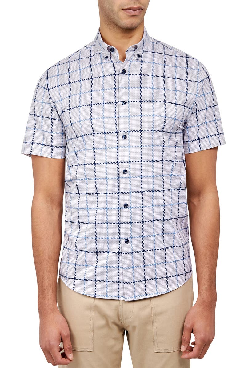Brooklyn Brigade Slim Fit Gowanus Textured Grid 4-Way Stretch Performance Short Sleeve Shirt, Main, color, Navy/Blue