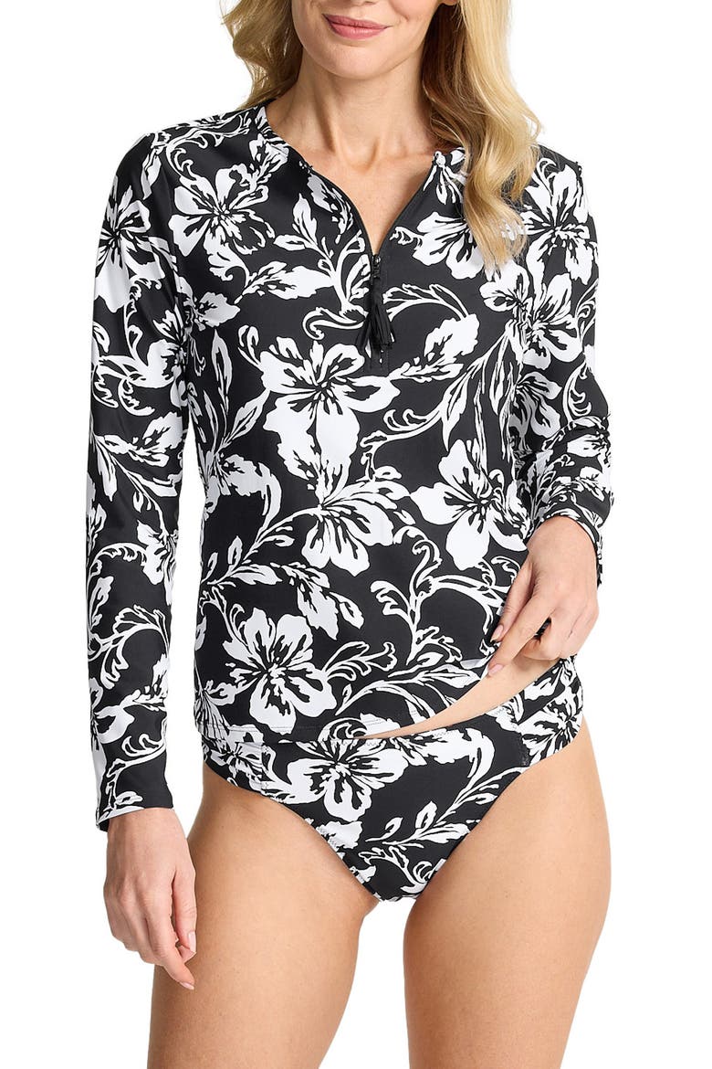 Sunset Blooms Zip Rashguard, Main, color, BLACK
