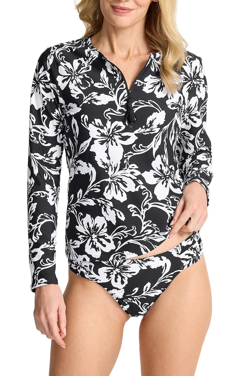Tommy Bahama Sunset Blooms Zip Rashguard, Main, color, Black