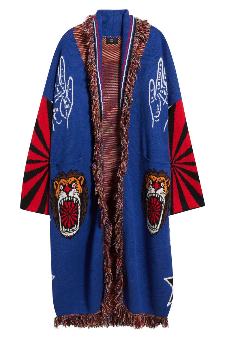 You Can Have It All Luxe Fringe Cardigan, Alternate, color, ROYAL BLUE/ RED