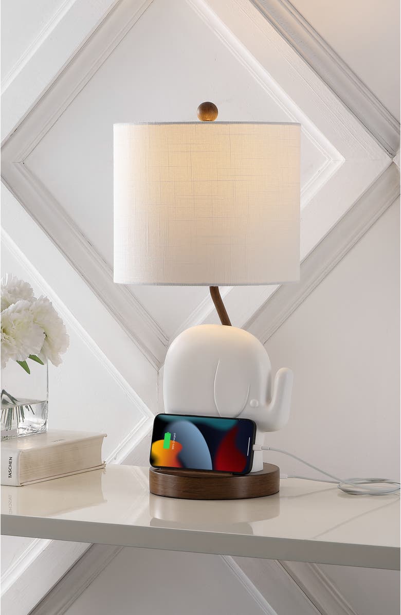 JONATHAN Y Ellie 20.25" Bohemian Designer Iron/Resin Elephant LED Kids' Table Lamp with Phone Stand and USB Charging Port, Alternate, color, White