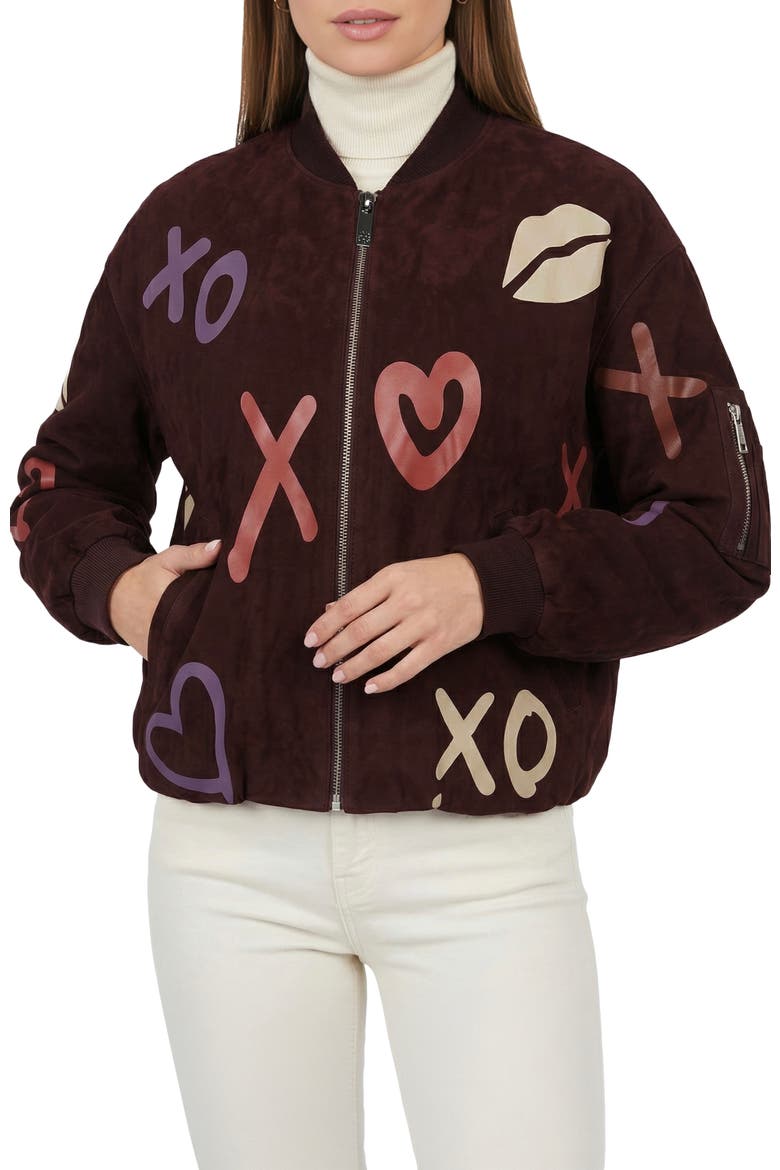 Genuine Metis Suede Bomber Zip Jacket, Alternate, color, BURGUNDY/XO MULTI