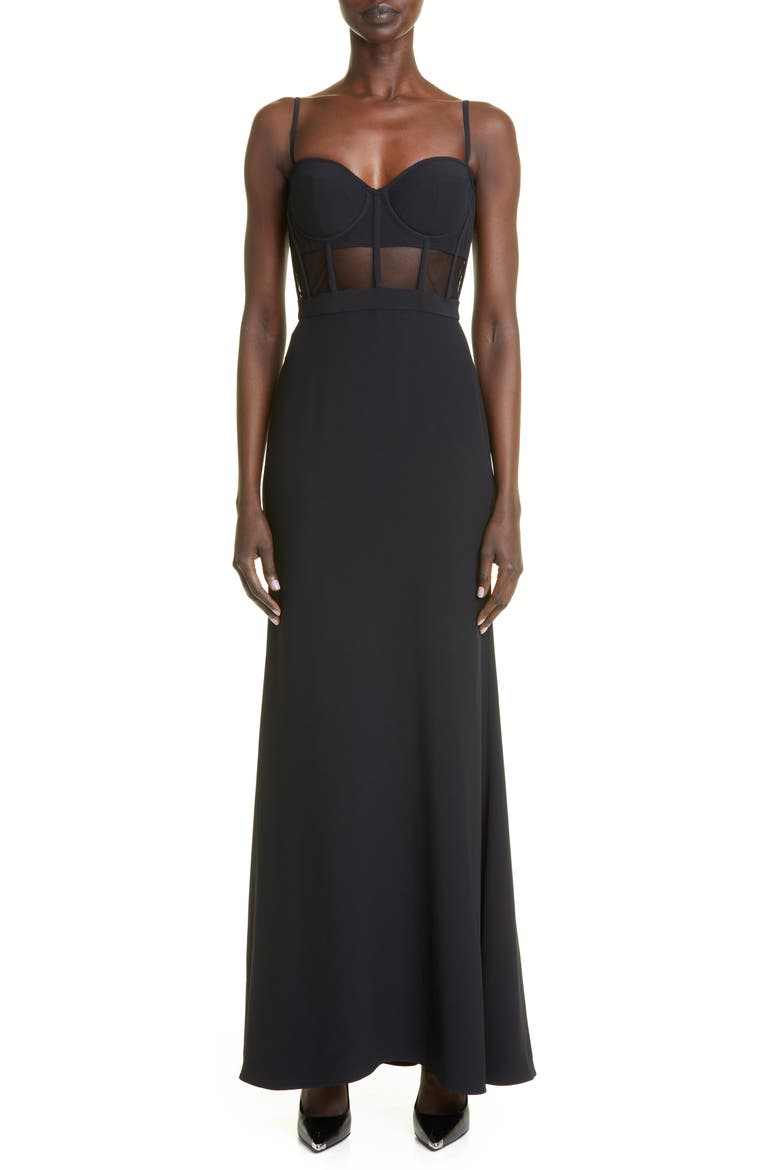 Sheer Corset Bodice Leaf Crepe Gown, Main, color, 1000 BLACK