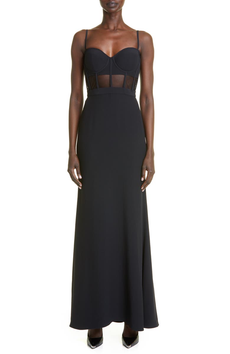 McQueen Sheer Corset Bodice Leaf Crepe Gown, Main, color, 