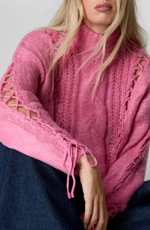 Nasty Gal Lace-up Turtleneck Cable Sweater In Pink