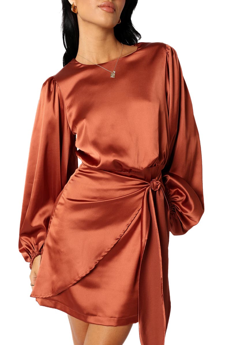 Petal & Pup Opal Tie Waist Long Sleeve Satin Minidress, Alternate, color, Rust