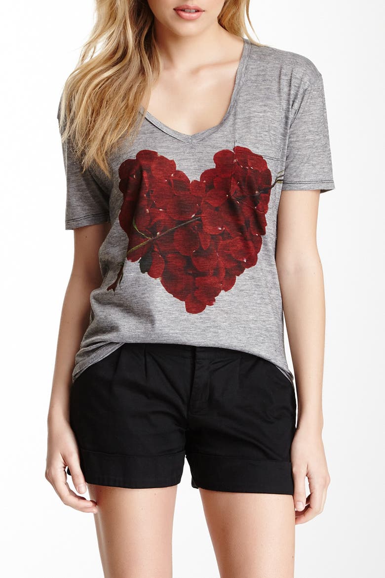 V-Neck Printed T-Shirt, Main, color, CHARCOAL SINGLE ROSE HEART