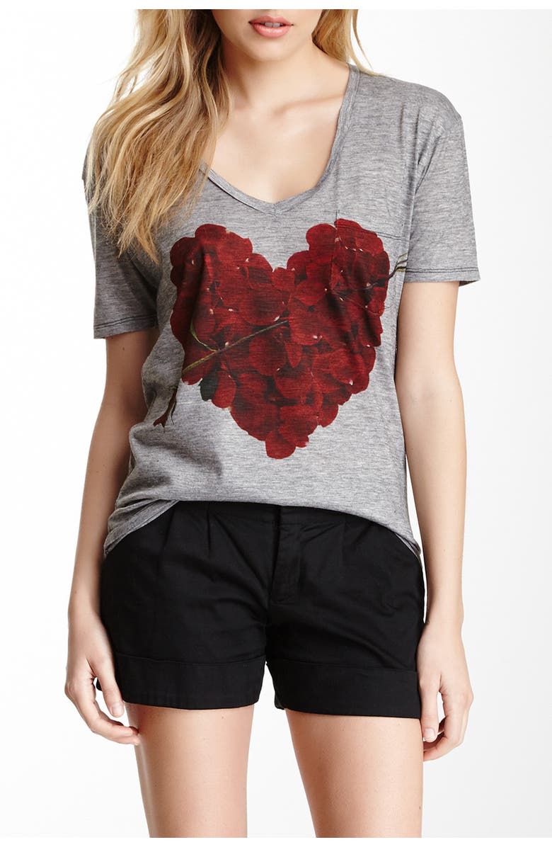 GO COUTURE V-Neck Printed T-Shirt, Main, color, Charcoal Single Rose Heart