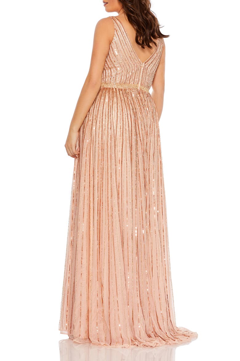Sequined Striped Sleeveless V Neck A Line Gown, Alternate, color, APRICOT