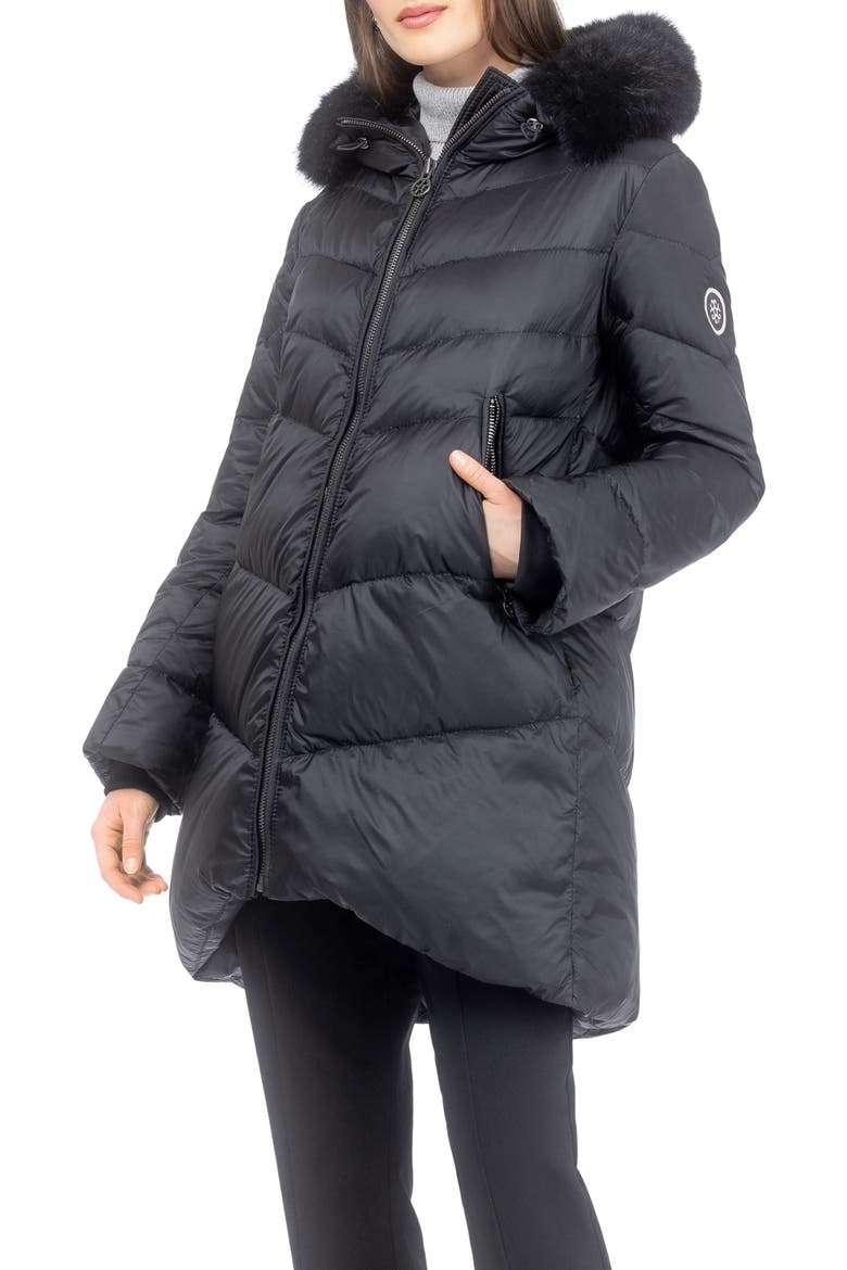 Apres-Ski Chevron Long Parka with Detachable Toscana Lamb Hood Trim, Alternate, color, Black/Black