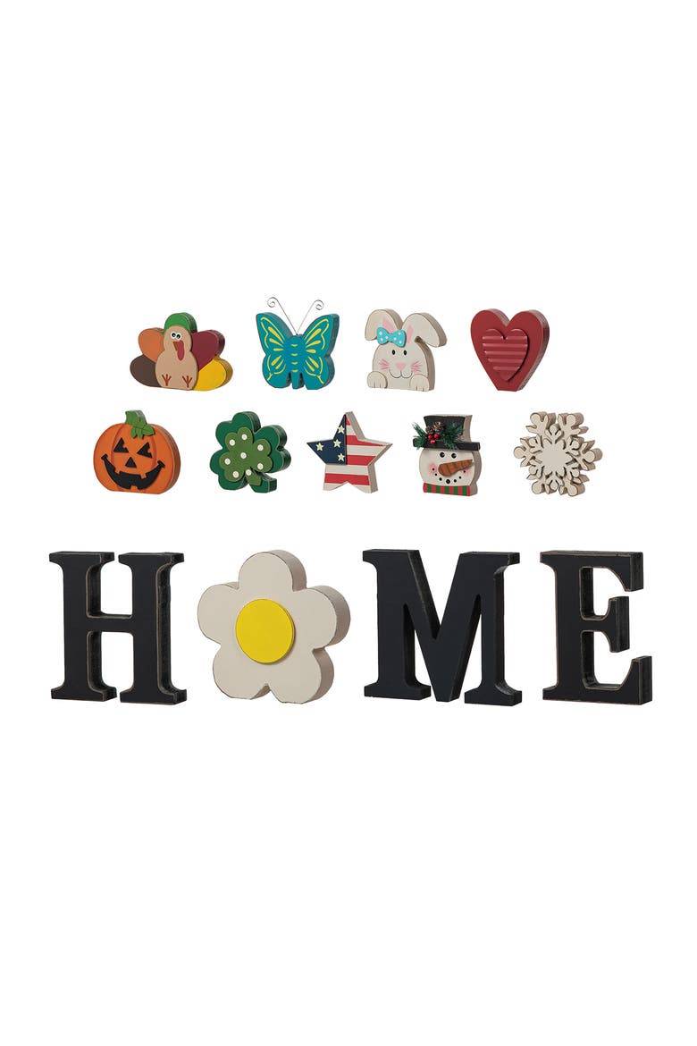 13-Pieces Wooden Interchangeable HOME Tabletop Sign with Seasonal Icons, Alternate, color, Black