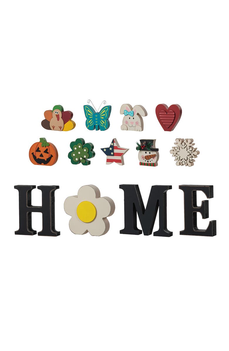 Glitzhome 13-Pieces Wooden Interchangeable HOME Tabletop Sign with Seasonal Icons, Alternate, color, Black