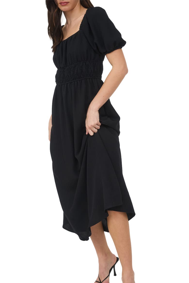 Puff Sleeve Midi Dress, Alternate, color, BLACK
