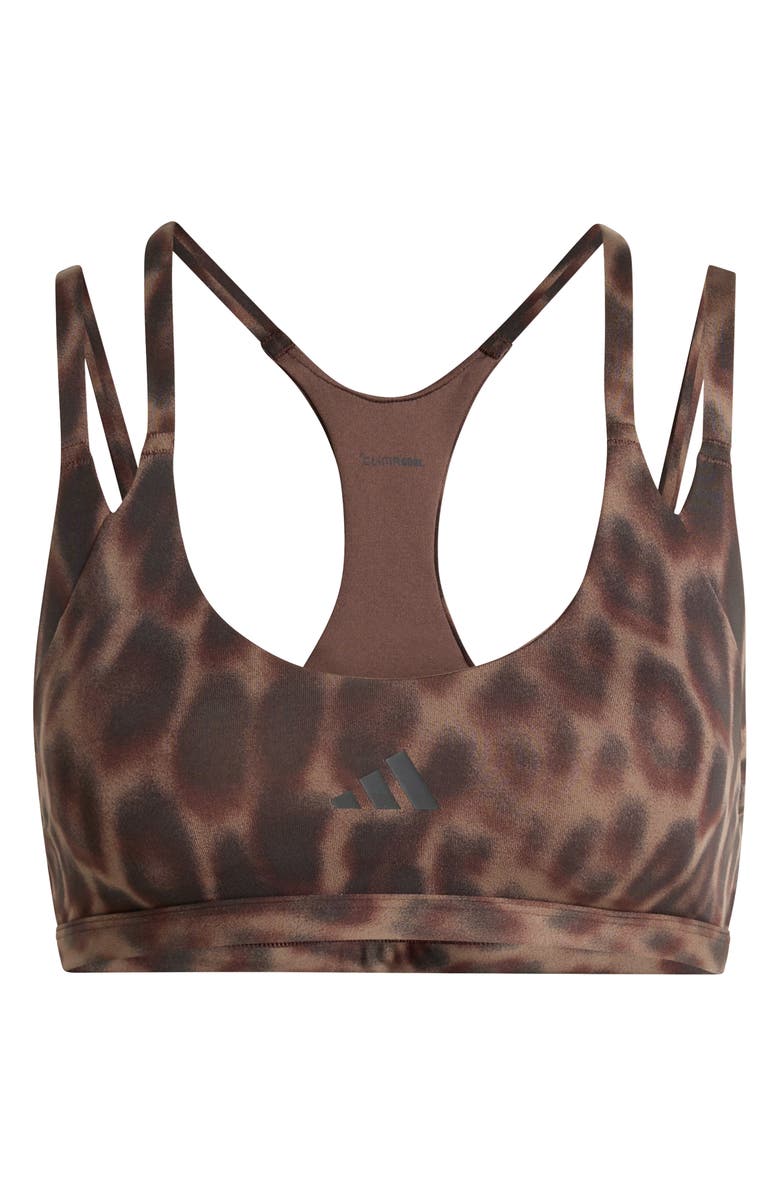 adidas Optime Leopard Strappy Light Support Climacool Sports Bra, Alternate, color, Earth Strata/ Black/ Print