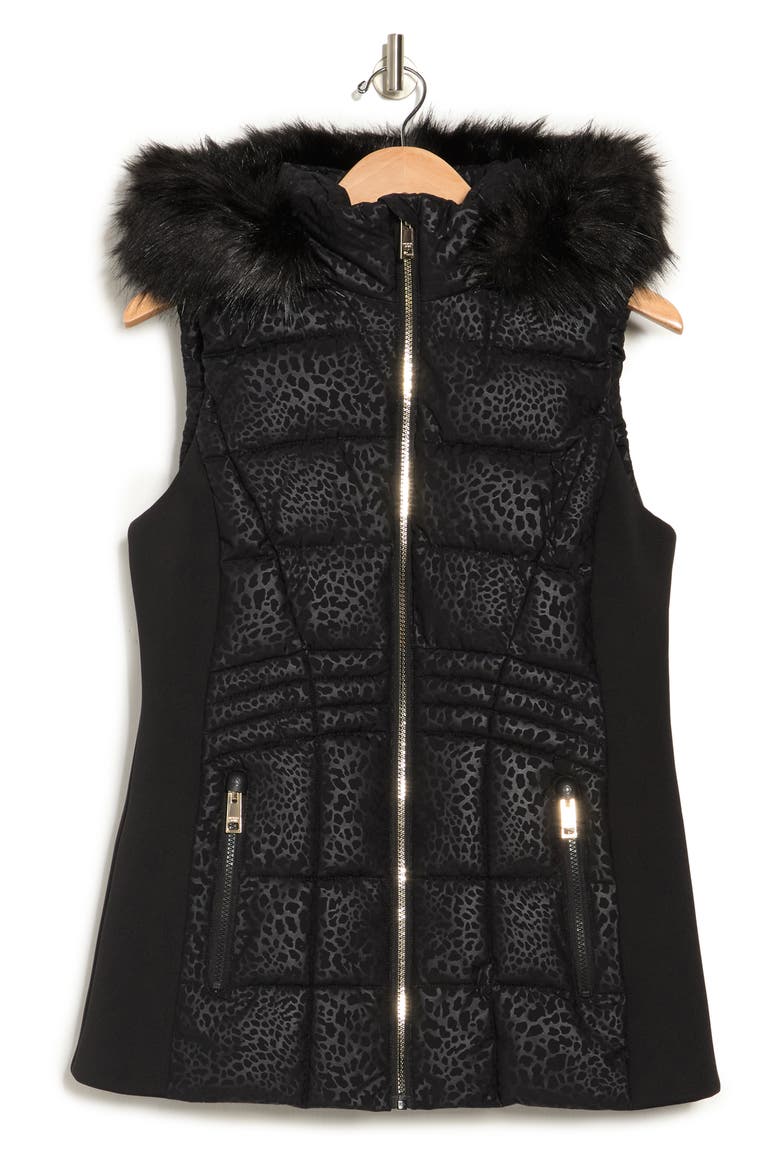 Faux Fur Trimmed Hooded Vest, Alternate, color, BLACK